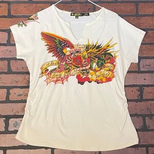 Old Skool Women's 2X Y2K Graphic Tee Eagle Dagger Sacred Heart Ruching
